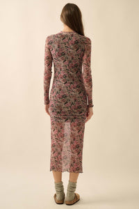 Wine and Roses Floral Mesh Mock-Neck Midi Dress - ShopPromesa