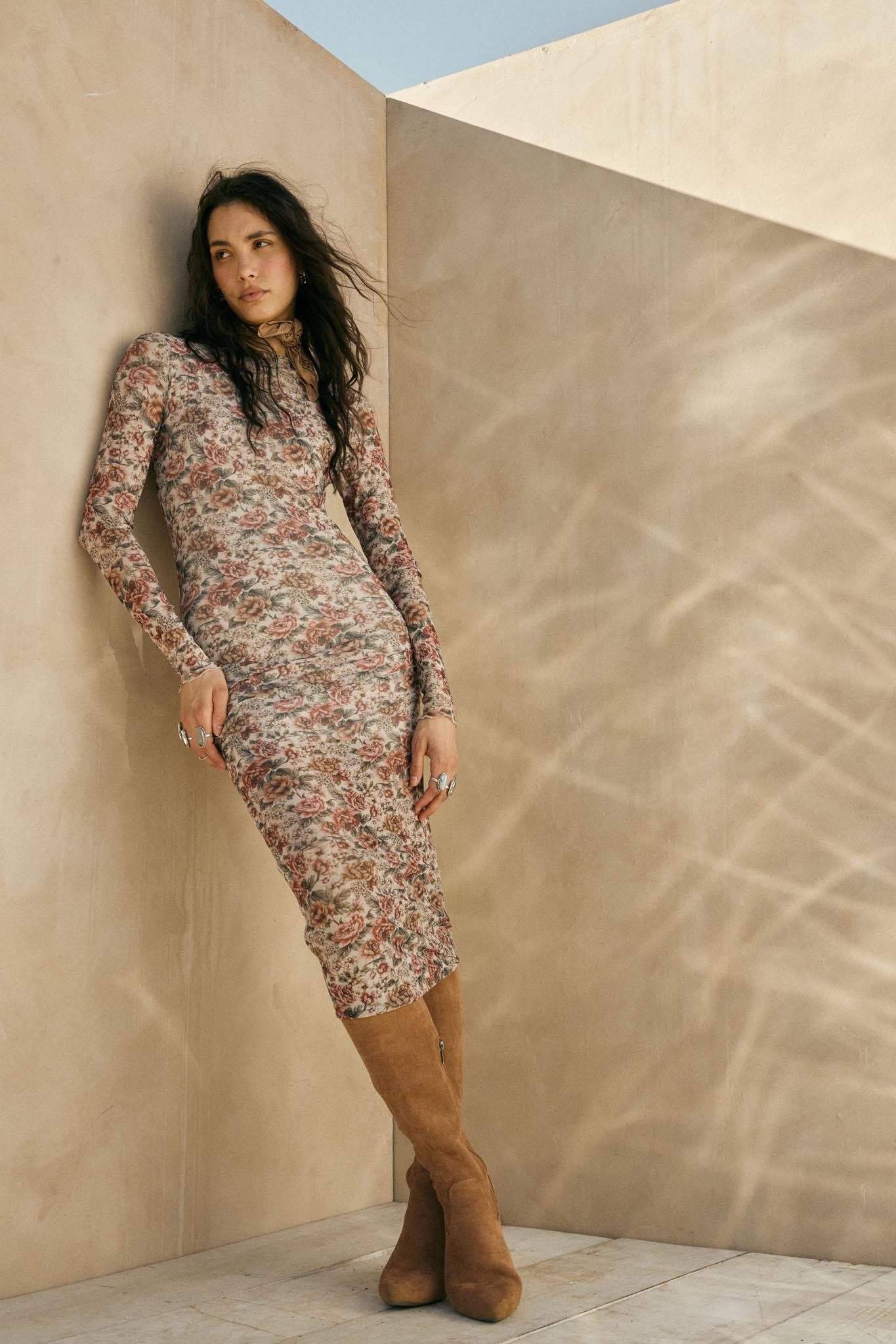Wine and Roses Floral Mesh Mock-Neck Midi Dress Black / L