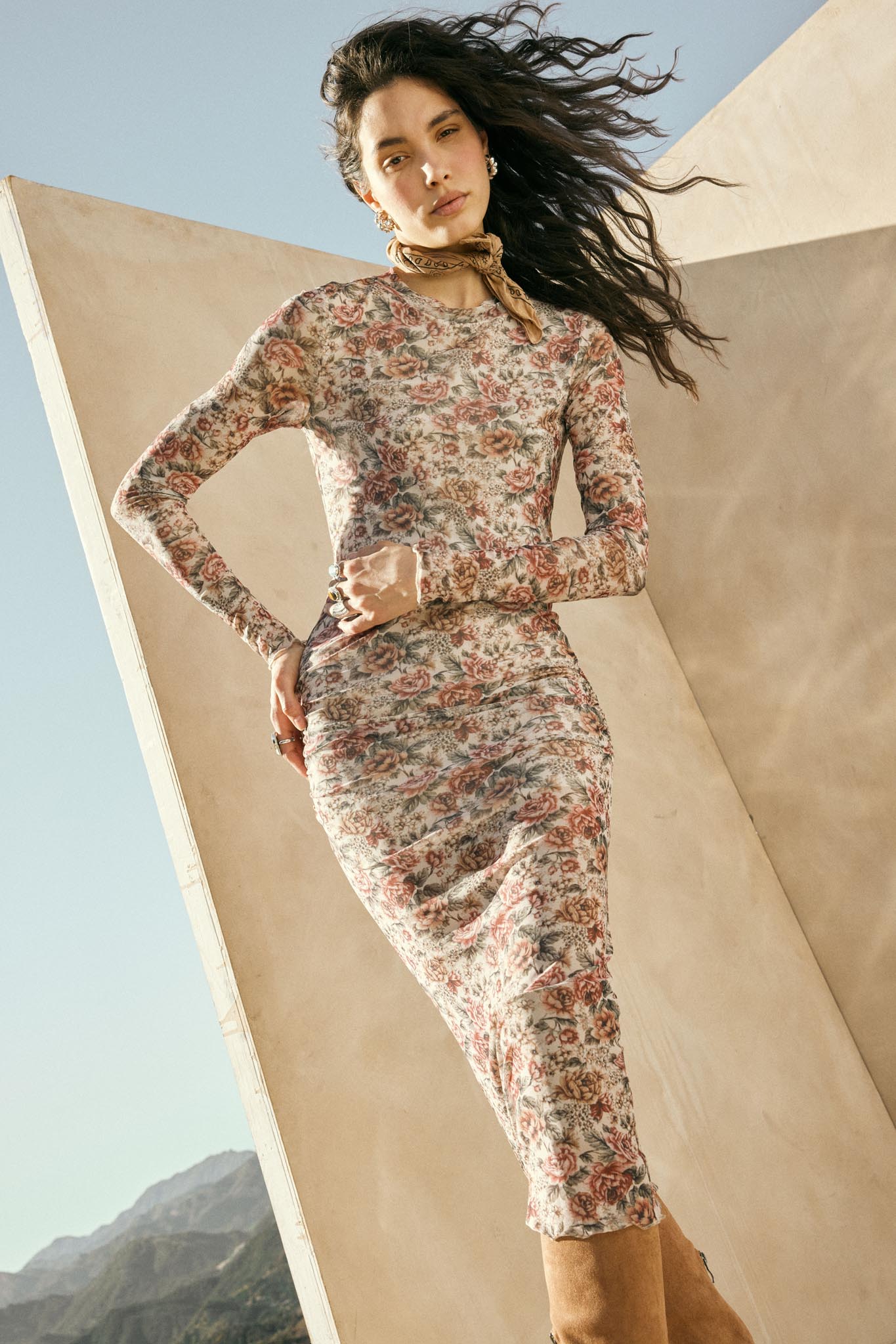mock neck midi dress Wine and Roses Floral Mesh Mock-Neck Midi Dress Black / M