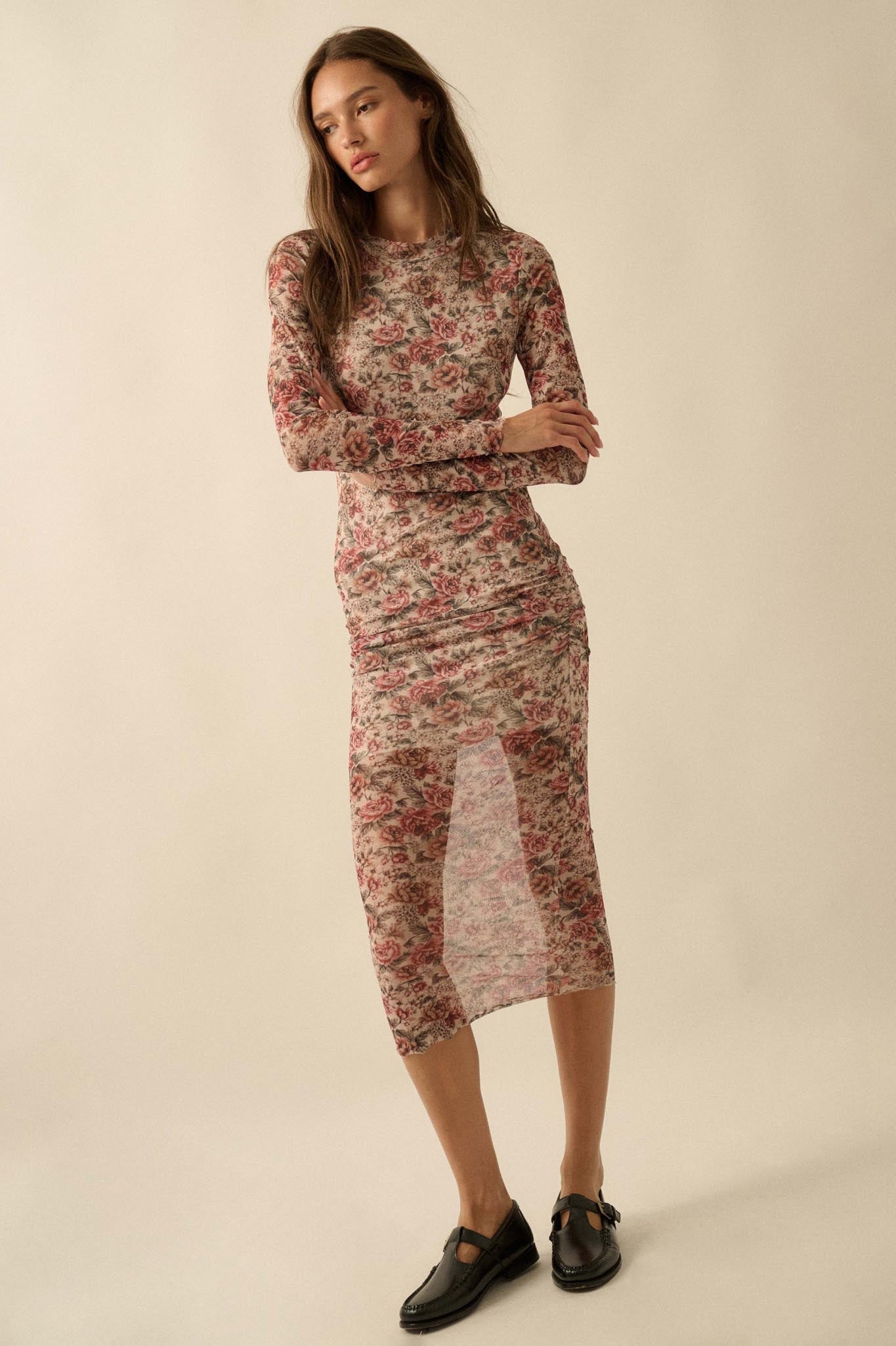 Wine and Roses Floral Mesh Mock-Neck Midi Dress - ShopPromesa