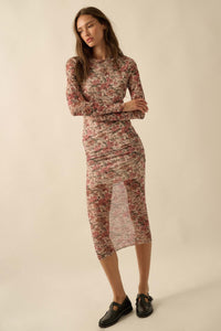 Wine and Roses Floral Mesh Mock-Neck Midi Dress - ShopPromesa