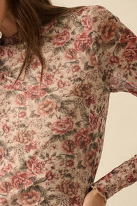 Wine and Roses Floral Mesh Mock-Neck Midi Dress - ShopPromesa