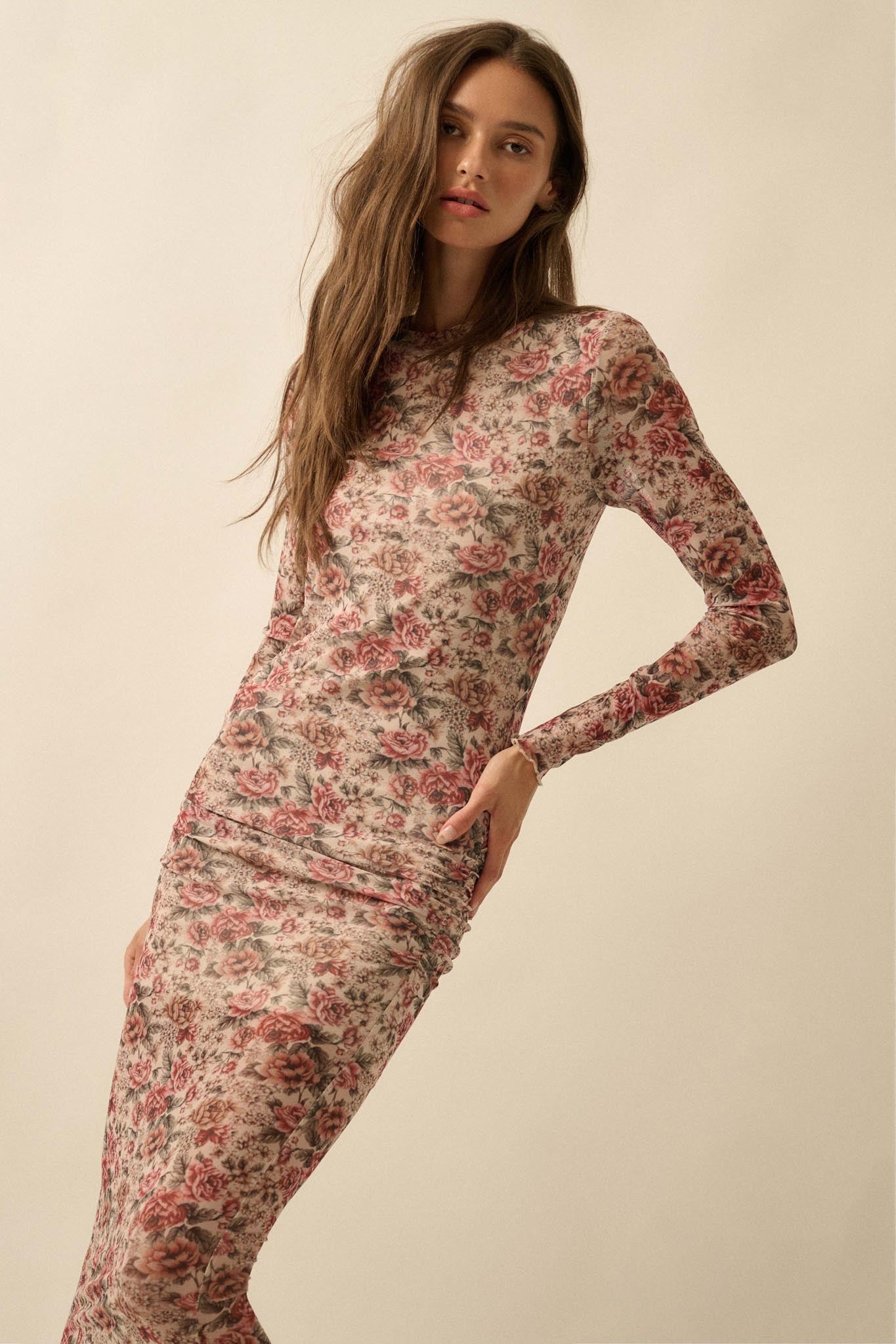 Wine and Roses Floral Mesh Mock-Neck Midi Dress - ShopPromesa