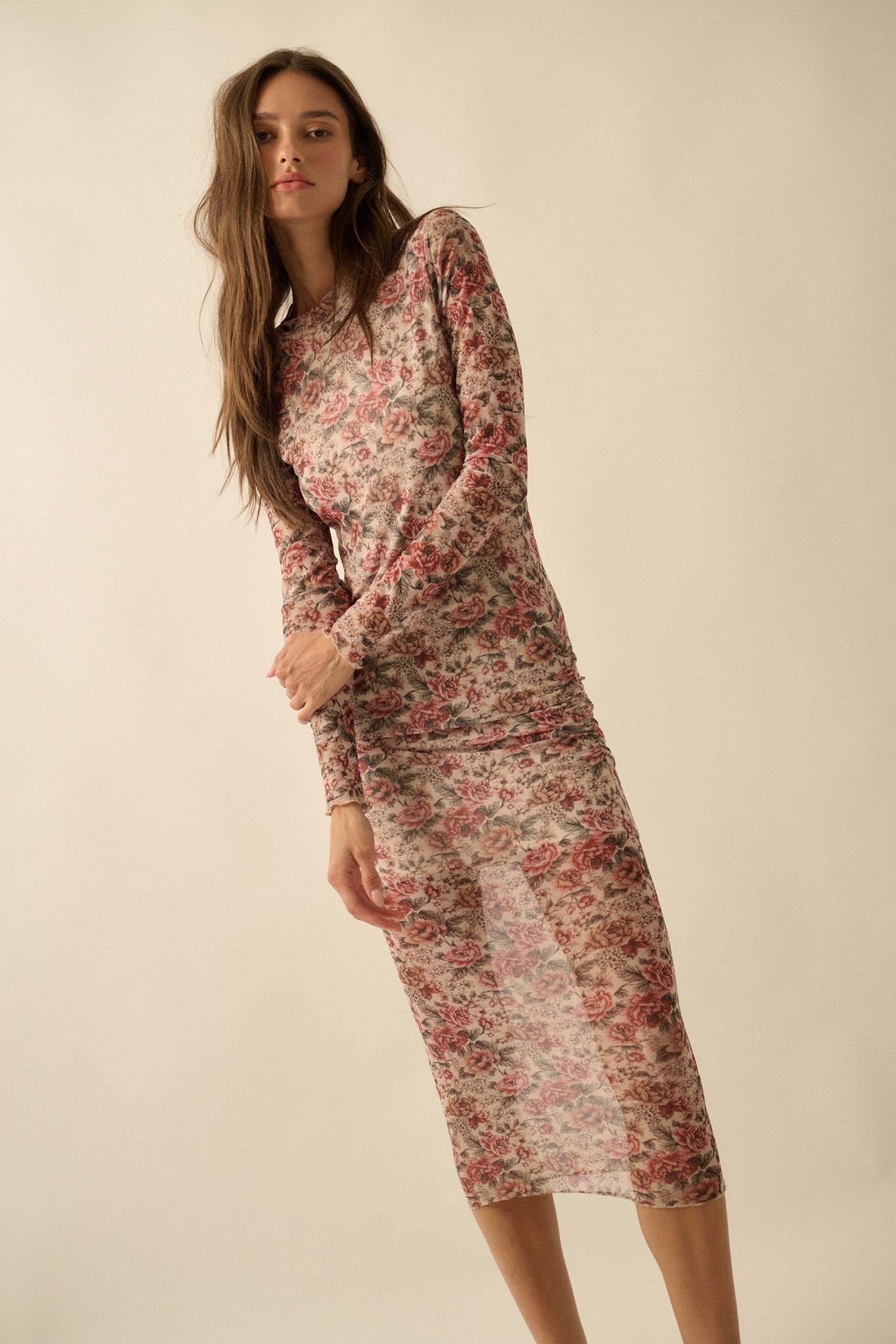 Wine and Roses Floral Mesh Mock-Neck Midi Dress - ShopPromesa