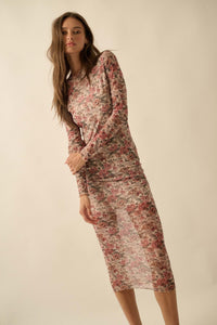 Wine and Roses Floral Mesh Mock-Neck Midi Dress - ShopPromesa