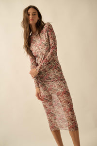 Wine and Roses Floral Mesh Mock-Neck Midi Dress - ShopPromesa