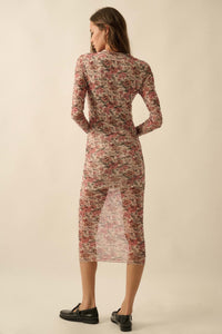 Wine and Roses Floral Mesh Mock-Neck Midi Dress - ShopPromesa