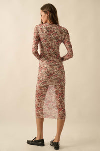 Wine and Roses Floral Mesh Mock-Neck Midi Dress - ShopPromesa