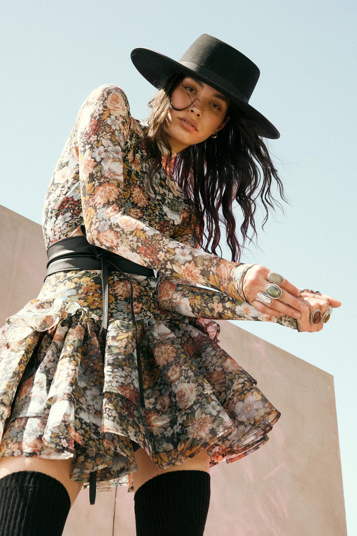 Fall Fantasia Floral Mesh and Organza Mini DressBlack / S