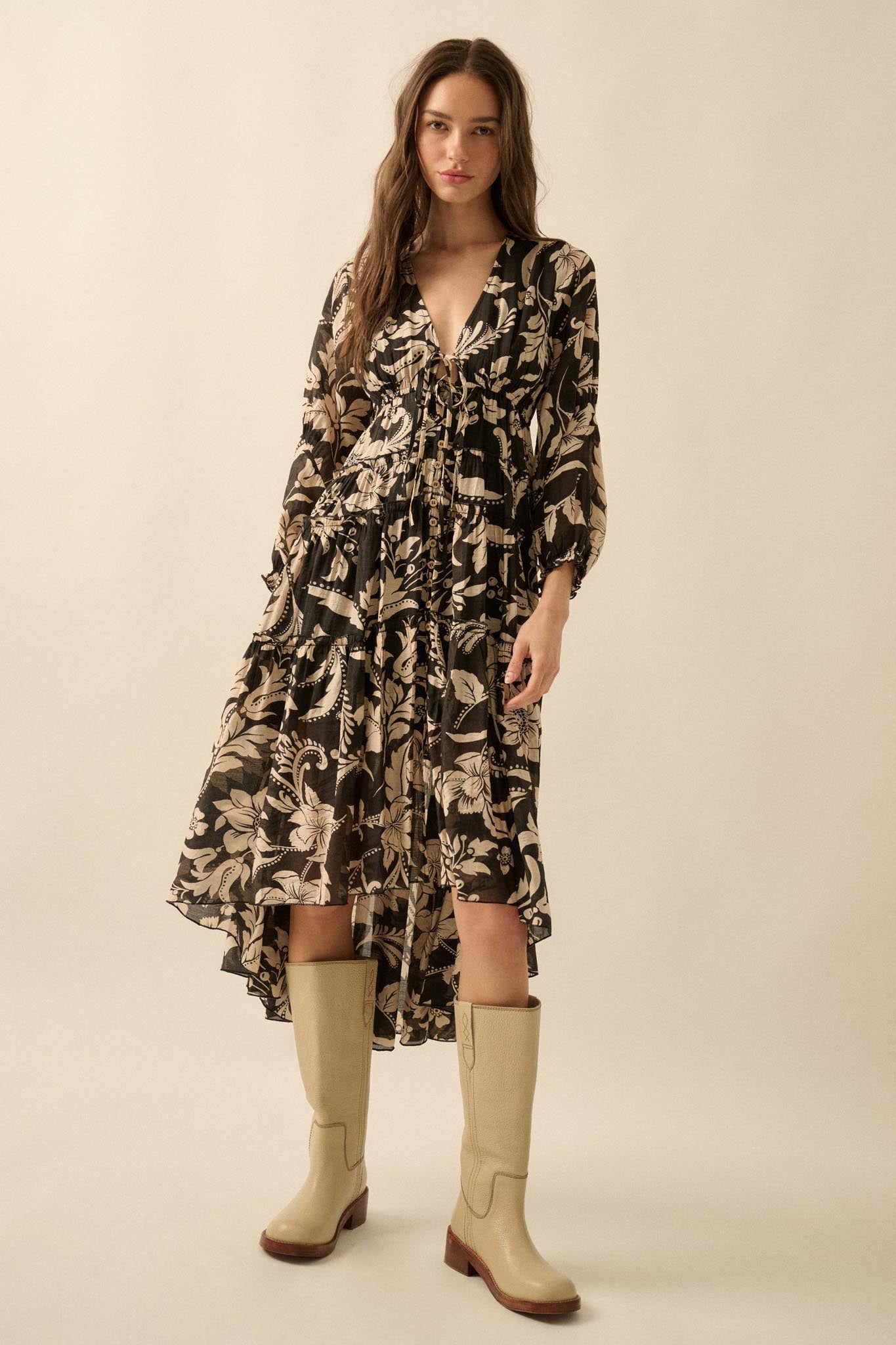 Bohemian Beauty Floral Chiffon Tiered Midi Dress - ShopPromesa