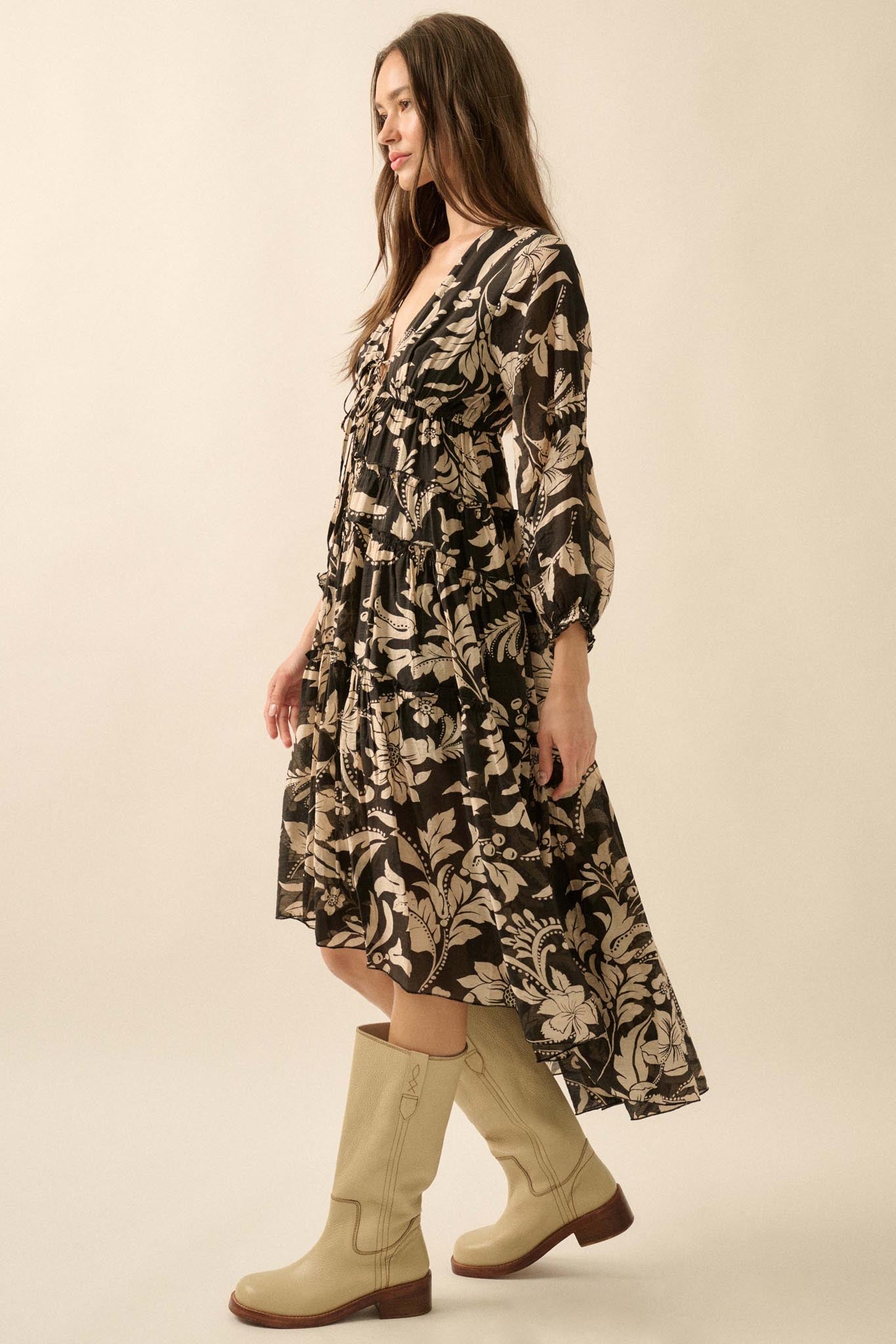 Bohemian Beauty Floral Chiffon Tiered Midi Dress - ShopPromesa