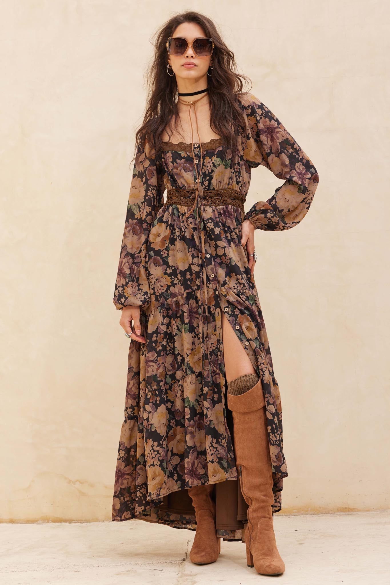 Misty Meadow Floral Button-Up Maxi Prairie Dress Chocolate / L Misty Meadow Floral Button-Up Maxi Prairie Dress Chocolate / L