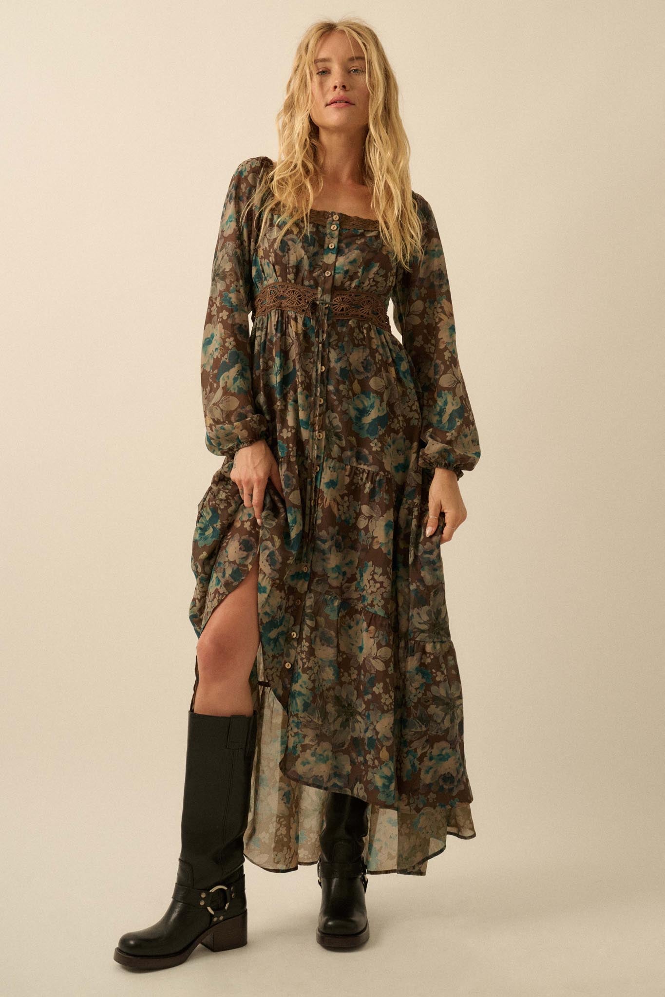 Misty Meadow Floral Button-Up Maxi Prairie Dress - ShopPromesa