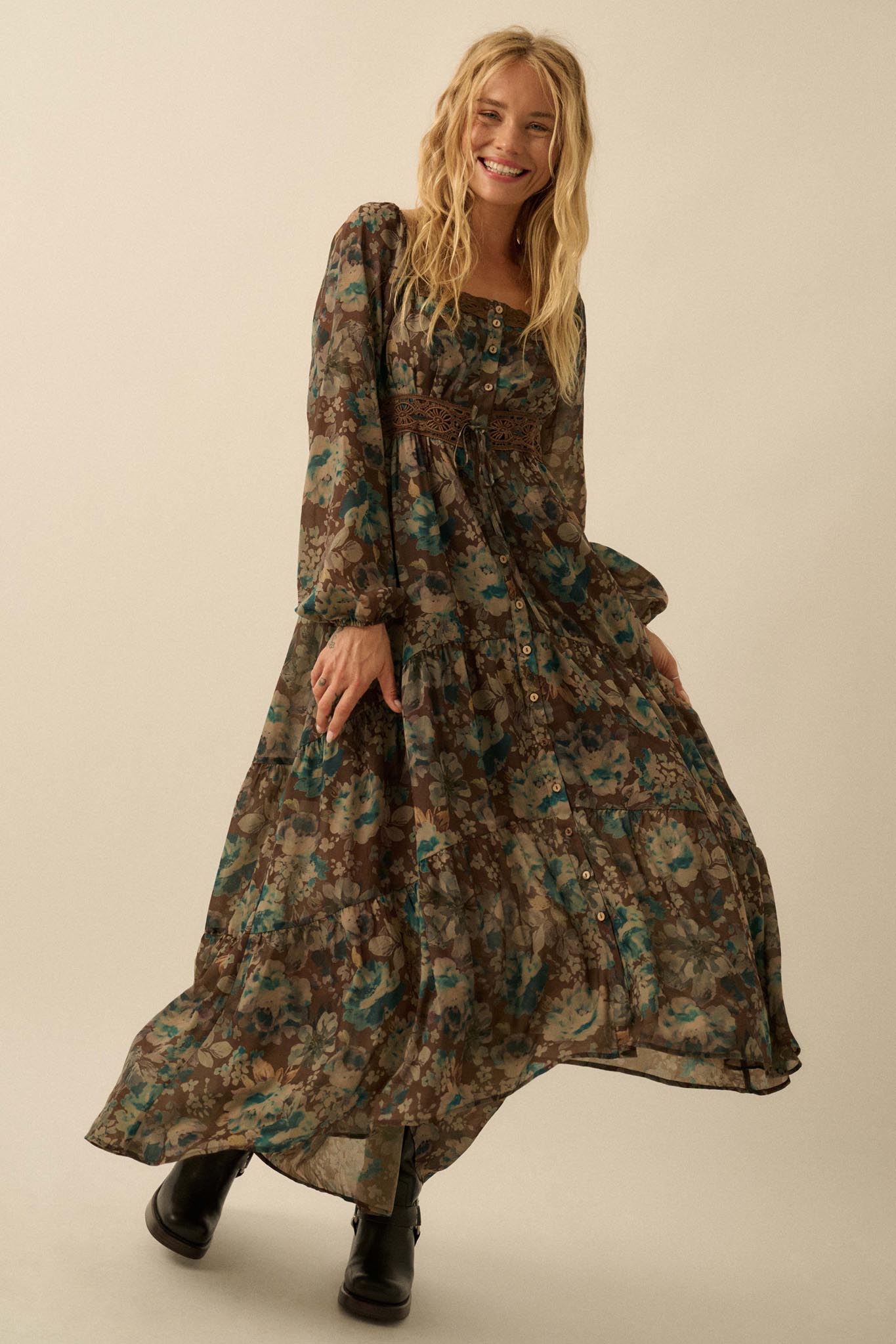 Misty Meadow Floral Button-Up Maxi Prairie Dress - ShopPromesa