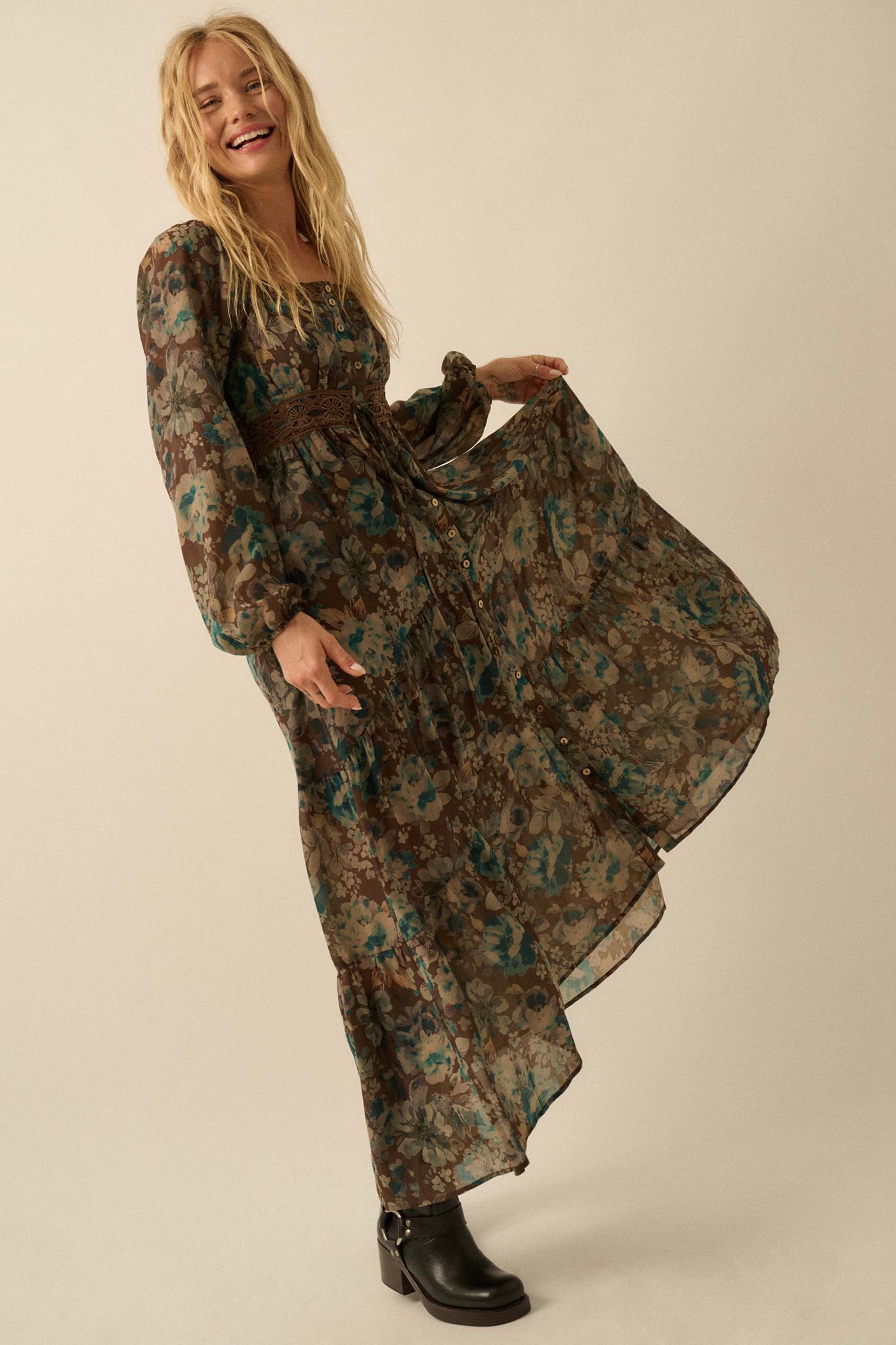 Misty Meadow Floral Button-Up Maxi Prairie Dress - ShopPromesa