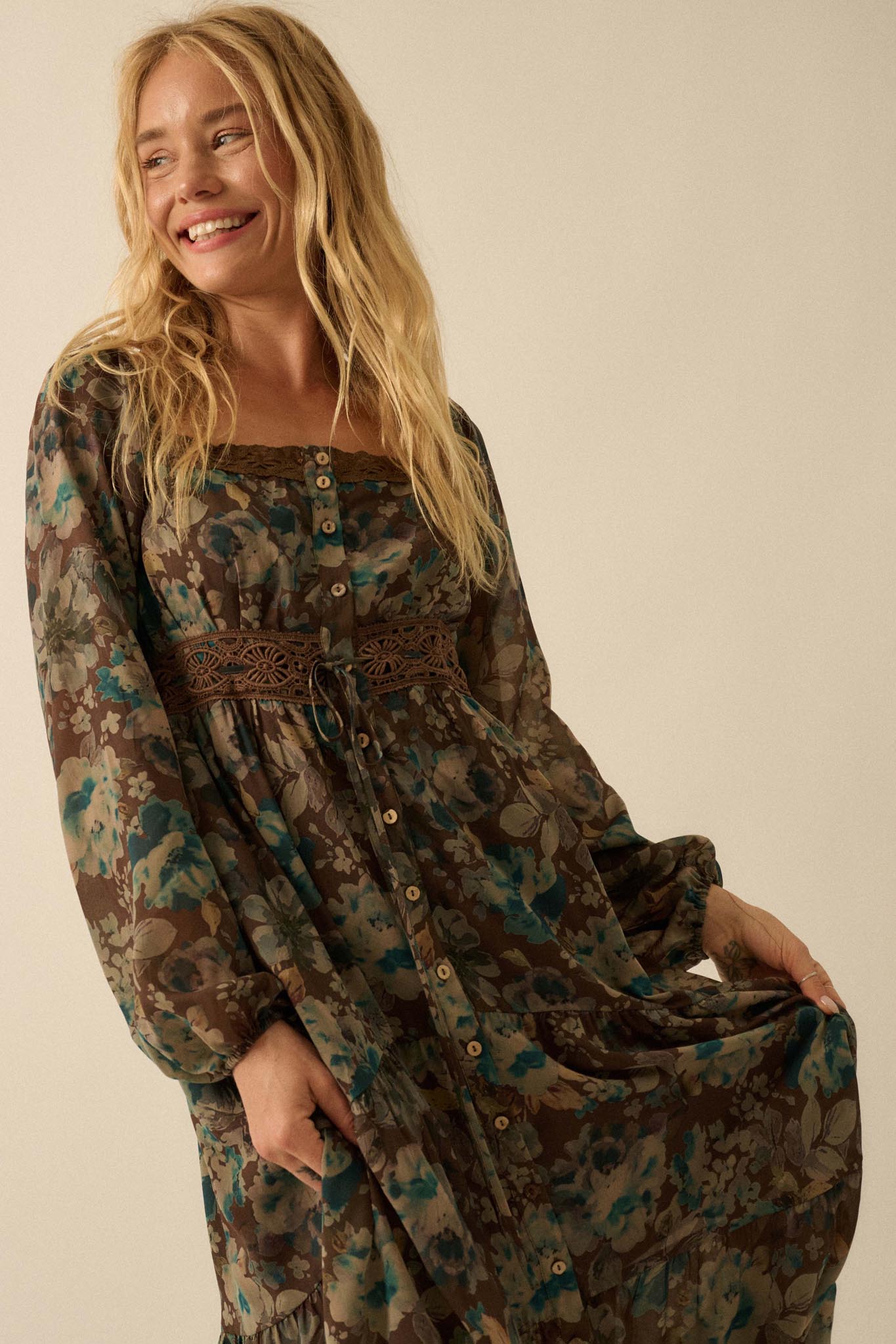 Misty Meadow Floral Button-Up Maxi Prairie Dress - ShopPromesa