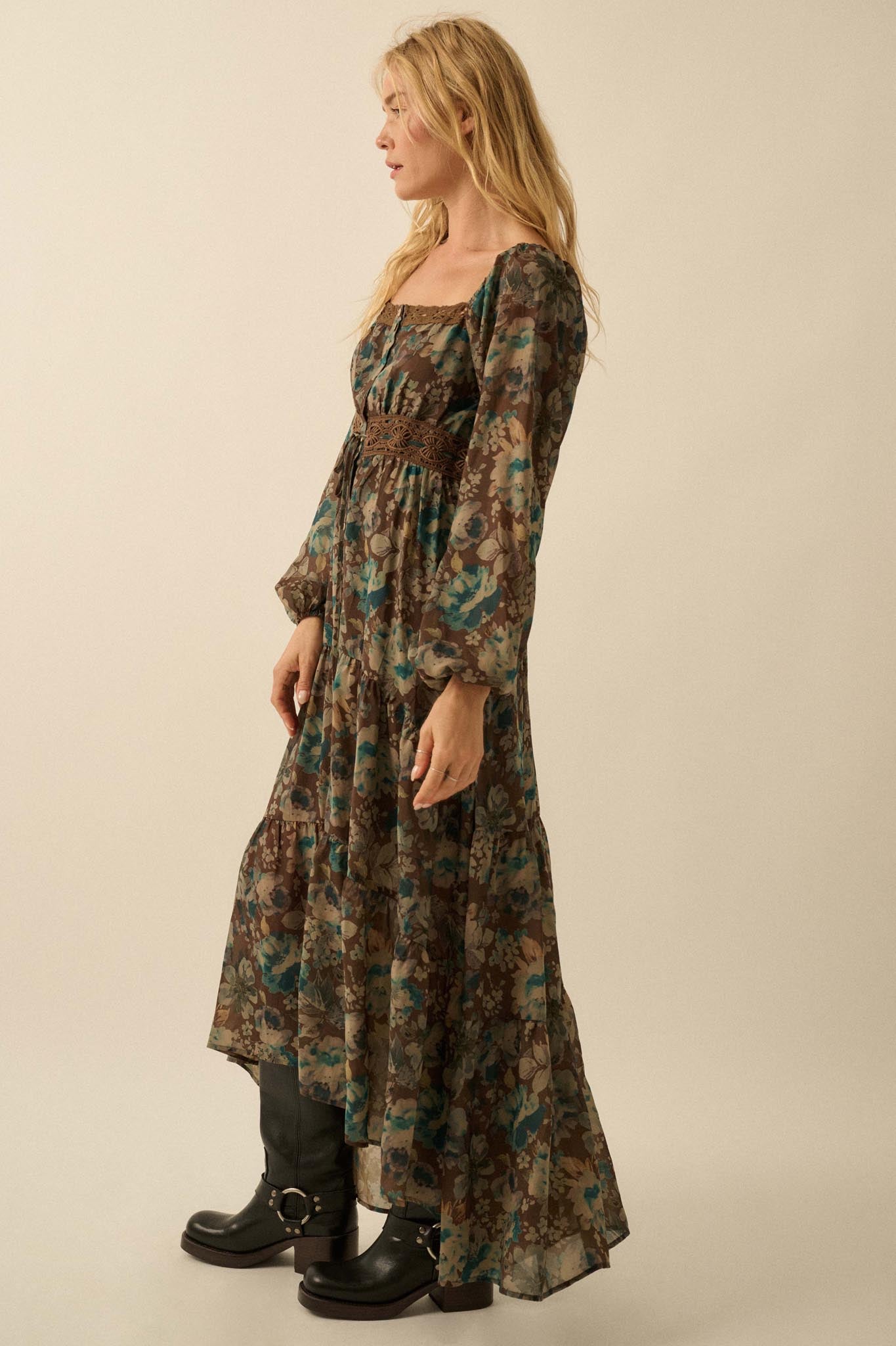Misty Meadow Floral Button-Up Maxi Prairie Dress Chocolate / L Misty Meadow Floral Button-Up Maxi Prairie Dress Chocolate / L