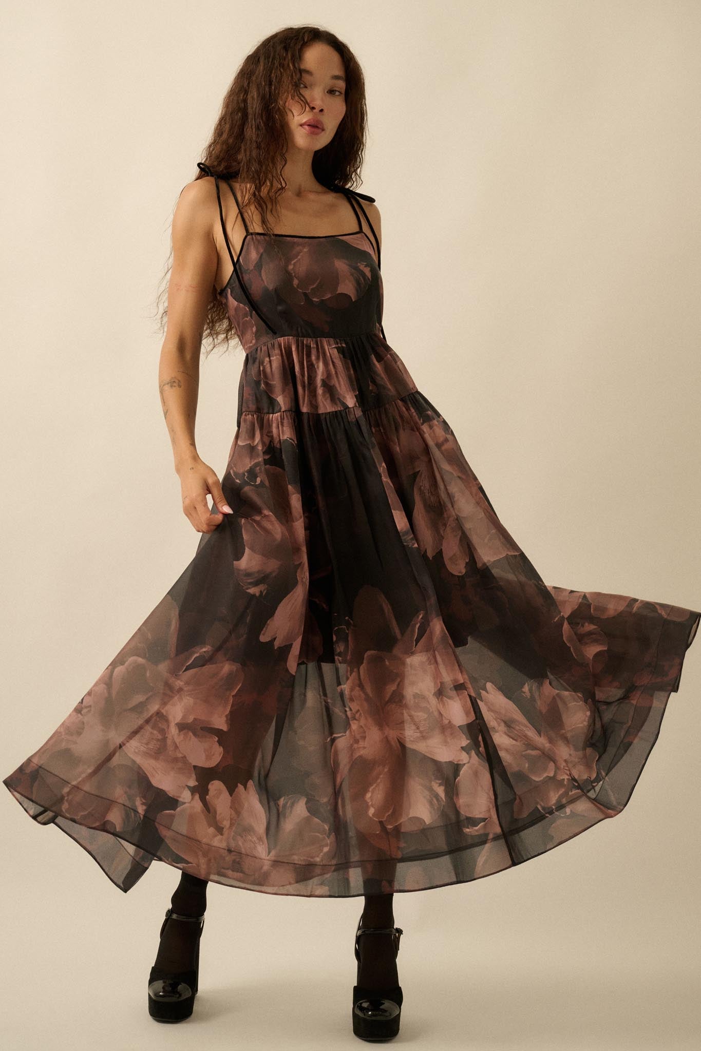 organza midi dress Decadent Blooms Floral Organza Midi Dress Brown / M