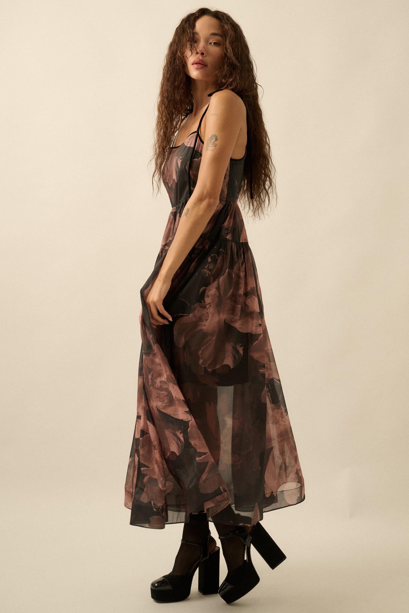 Decadent Blooms Floral Organza Midi Dress Brown / M Decadent Blooms Floral Organza Midi Dress Brown / M