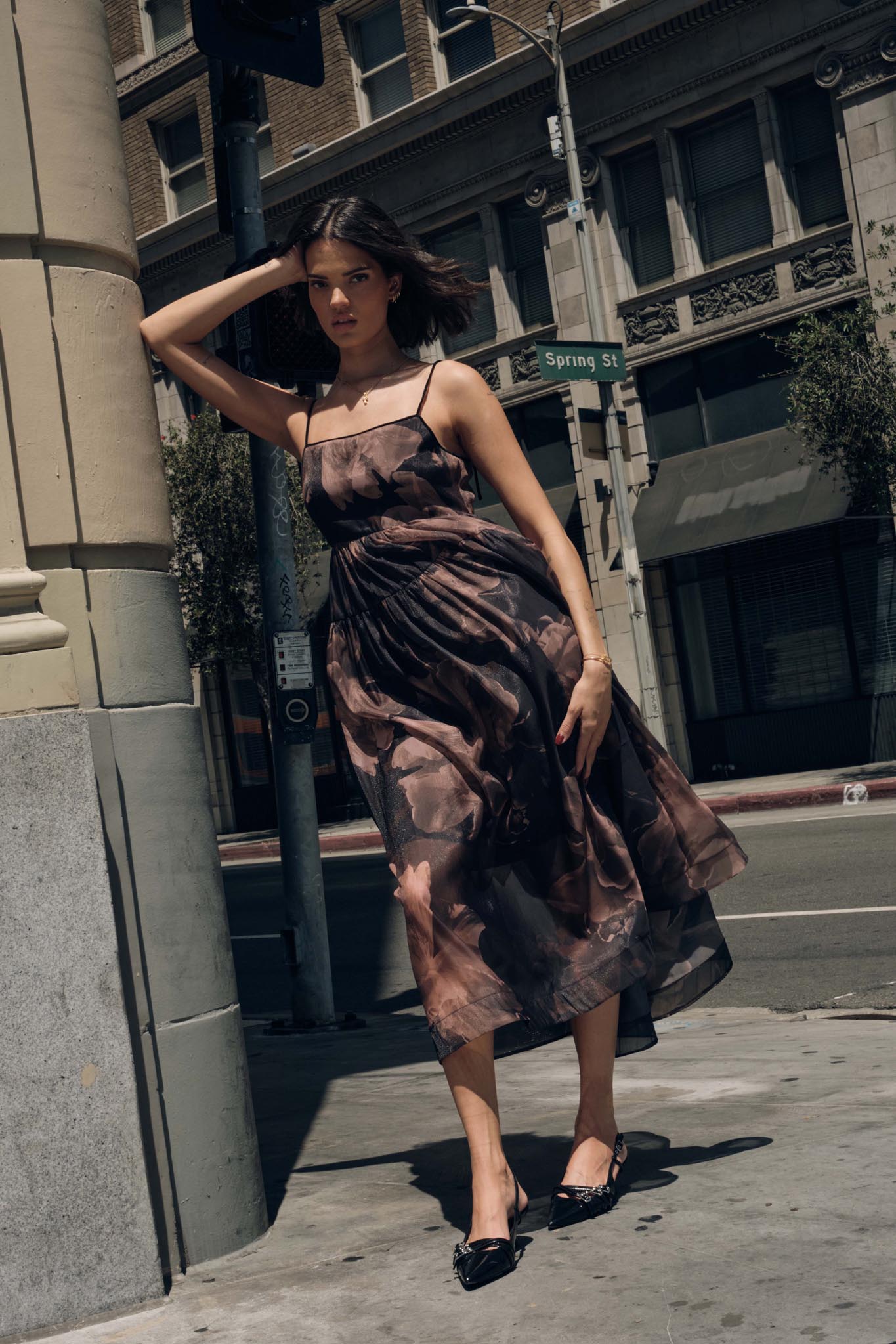 Decadent Blooms Floral Organza Midi Dress Brown / M Decadent Blooms Floral Organza Midi Dress Brown / M