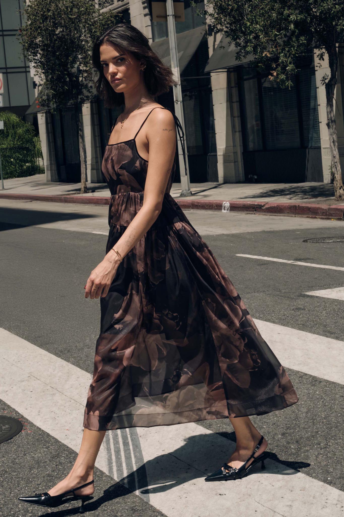 Decadent Blooms Floral Organza Midi Dress Brown / M Decadent Blooms Floral Organza Midi Dress Brown / M