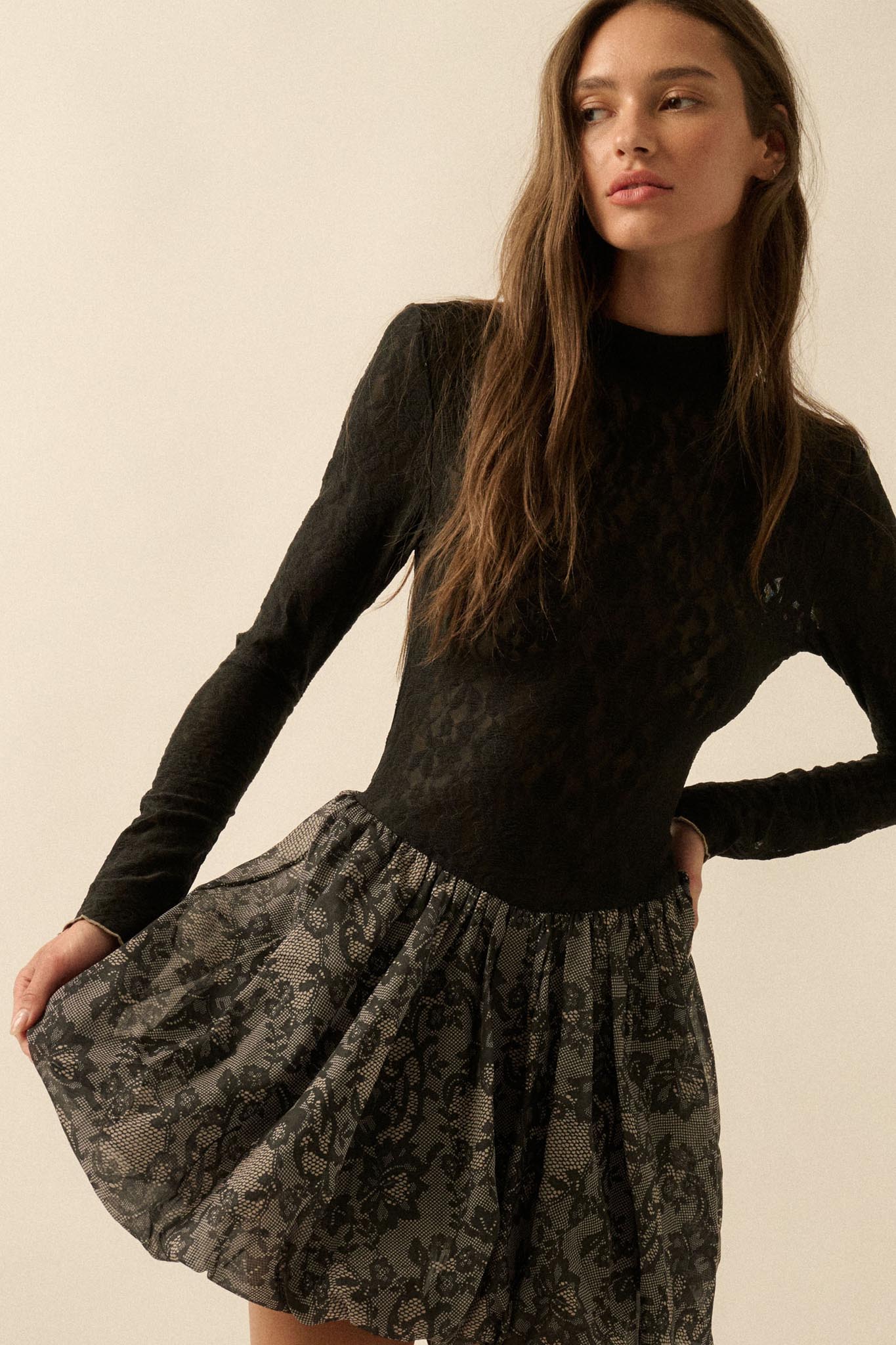 Midnight Romance Lace Mock-Neck Bubble Mini Dress - ShopPromesa