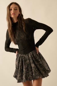Midnight Romance Lace Mock-Neck Bubble Mini Dress - ShopPromesa