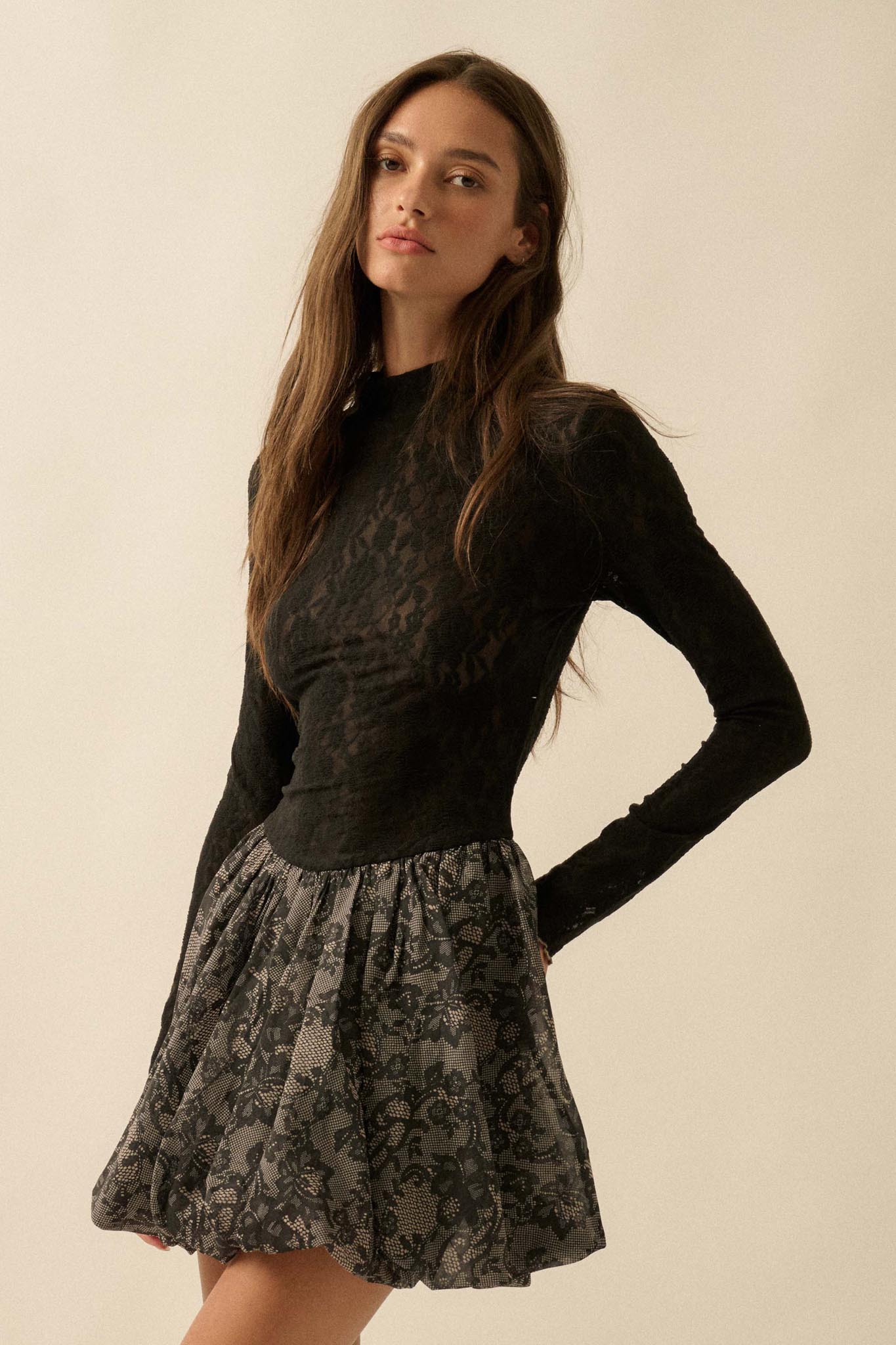 Midnight Romance Lace Mock-Neck Bubble Mini Dress - ShopPromesa