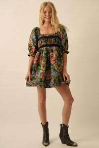 Dreamy Damask Floral Tapestry Babydoll Mini Dress - ShopPromesa