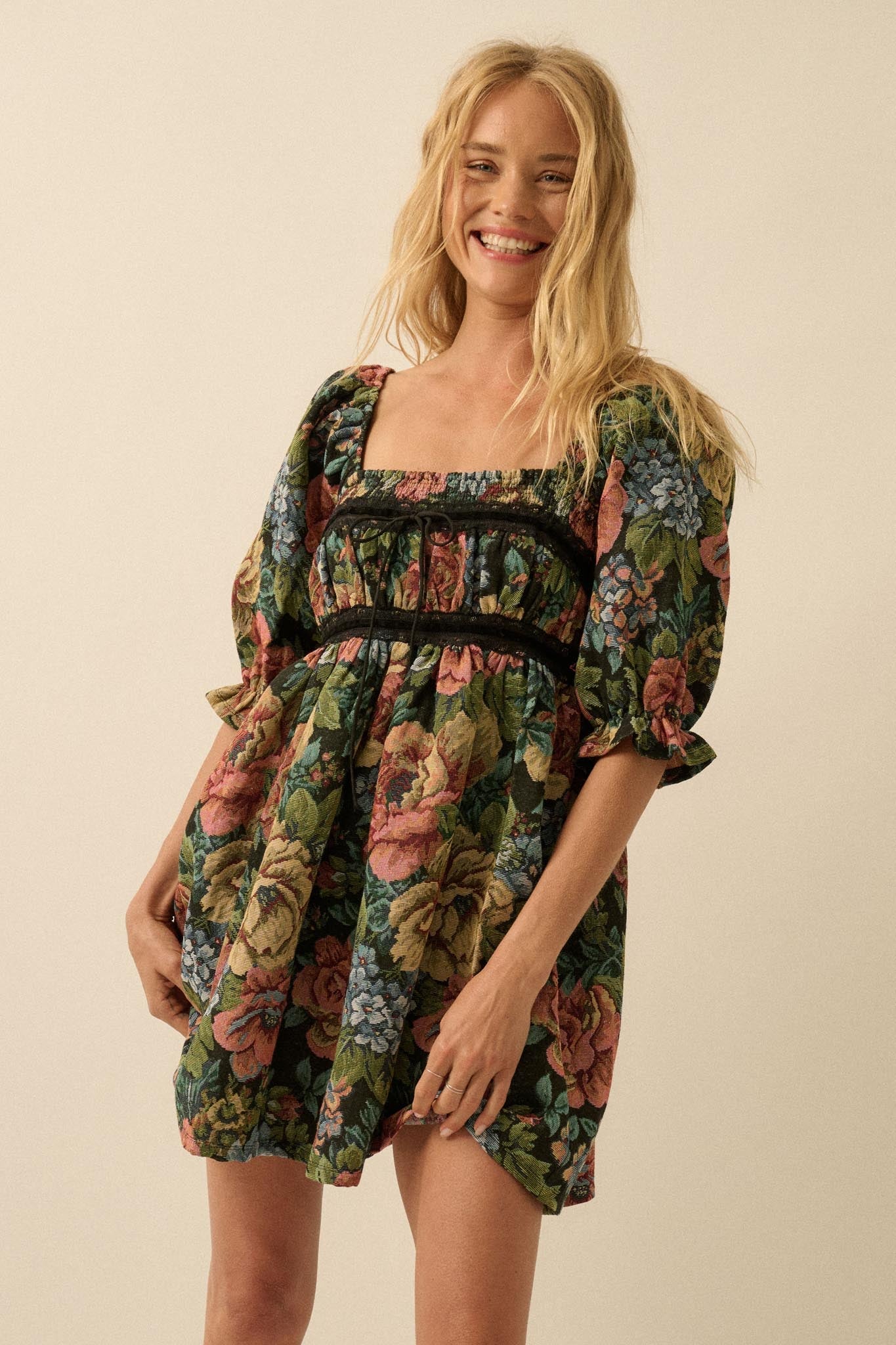 Dreamy Damask Floral Tapestry Babydoll Mini Dress - ShopPromesa