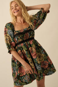 Dreamy Damask Floral Tapestry Babydoll Mini Dress - ShopPromesa