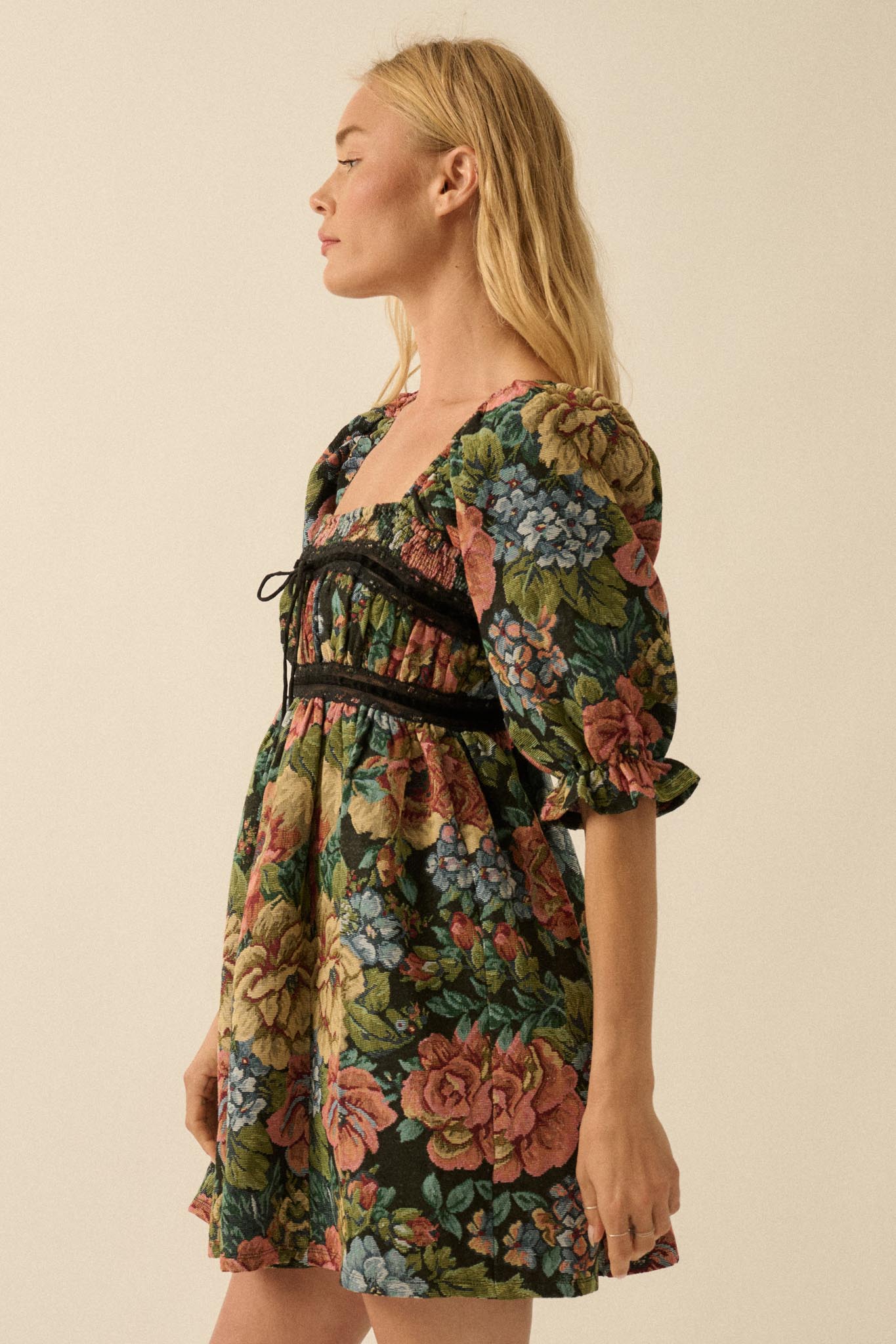 Dreamy Damask Floral Tapestry Babydoll Mini Dress - ShopPromesa