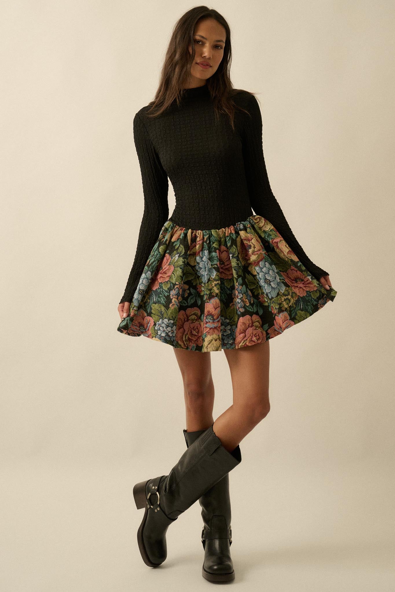 Blooming Brocade Knit and Floral Tapestry Mini Dress - ShopPromesa