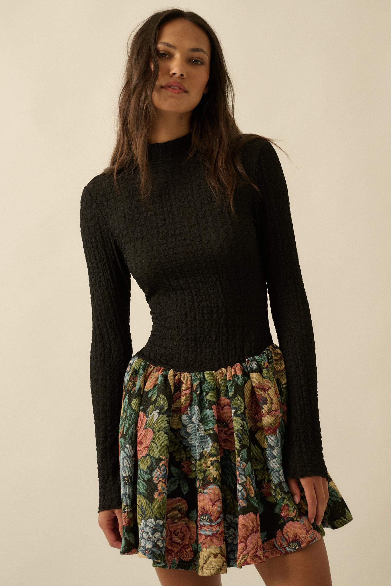 Blooming Brocade Knit and Floral Tapestry Mini Dress - ShopPromesa