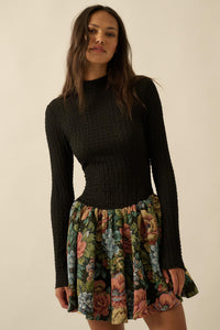 Blooming Brocade Knit and Floral Tapestry Mini Dress - ShopPromesa