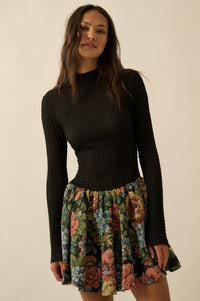 Blooming Brocade Knit and Floral Tapestry Mini Dress - ShopPromesa