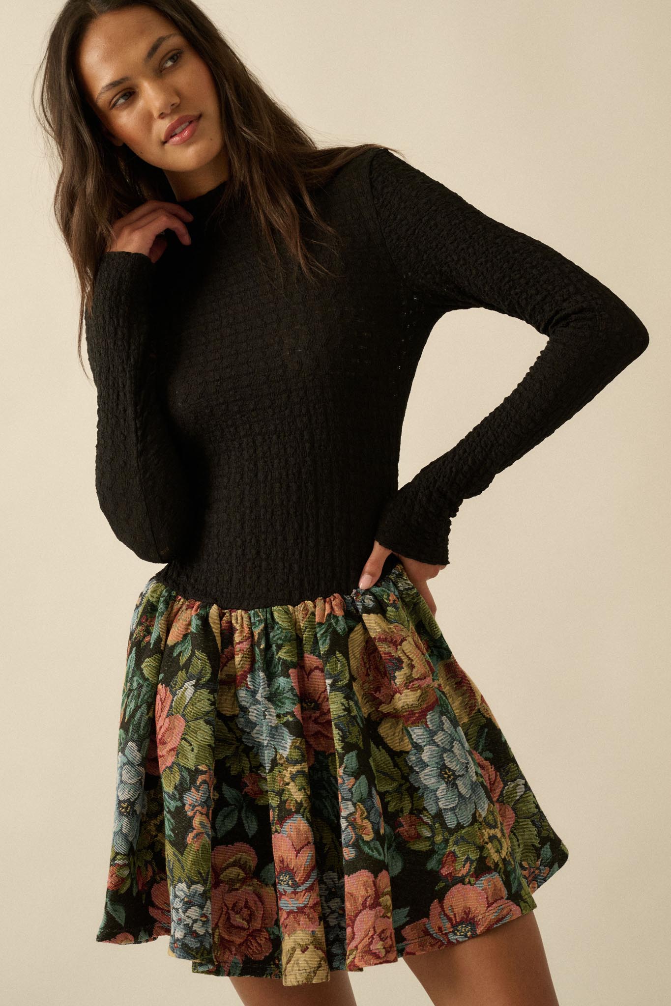 Blooming Brocade Knit and Floral Tapestry Mini Dress - ShopPromesa