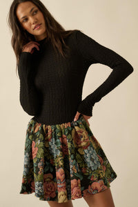 Blooming Brocade Knit and Floral Tapestry Mini Dress - ShopPromesa