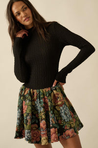 Blooming Brocade Knit and Floral Tapestry Mini Dress - ShopPromesa