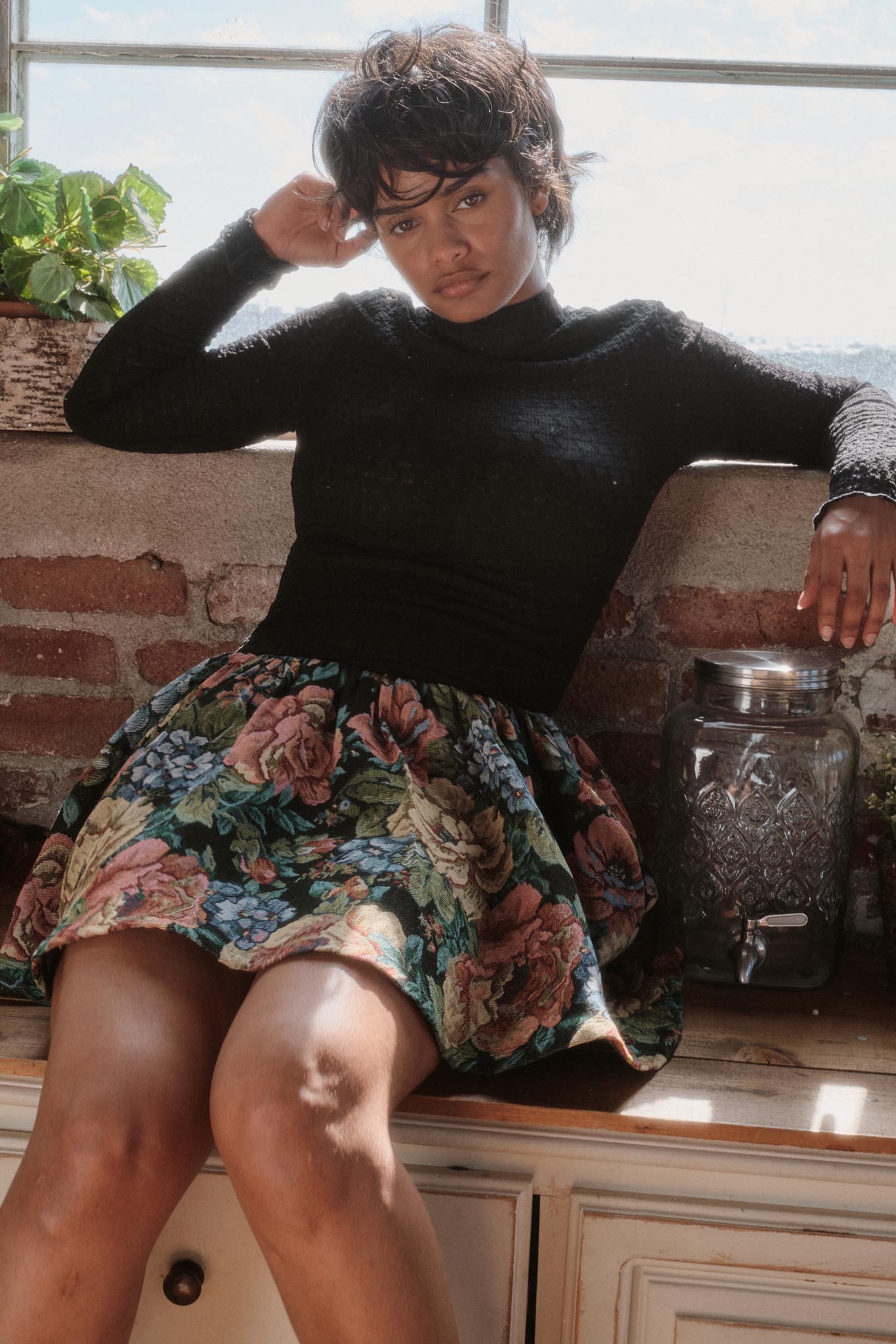 Blooming Brocade Knit and Floral Tapestry Mini Dress Black & Retro Blue / S Blooming Brocade Knit and Floral Tapestry Mini Dress Black & Retro Blue / S
