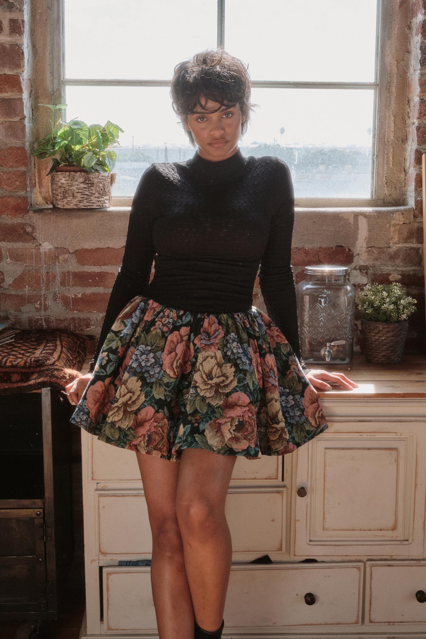 Blooming Brocade Knit and Floral Tapestry Mini Dress