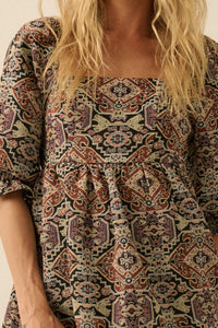 Pure Magic Tapestry Puff-Sleeve Babydoll Mini Dress - ShopPromesa