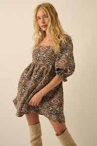 Pure Magic Tapestry Puff-Sleeve Babydoll Mini Dress - ShopPromesa
