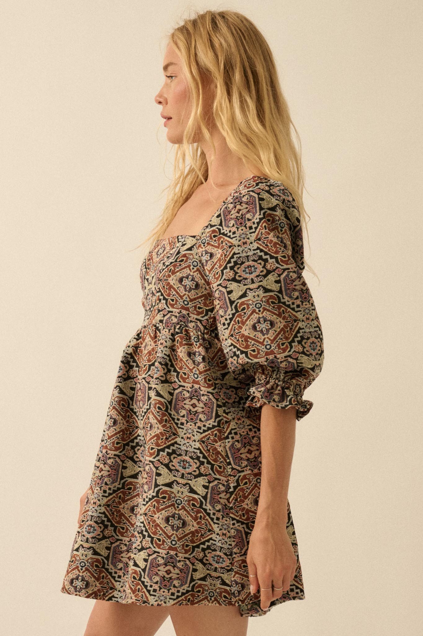 Pure Magic Tapestry Puff-Sleeve Babydoll Mini Dress - ShopPromesa