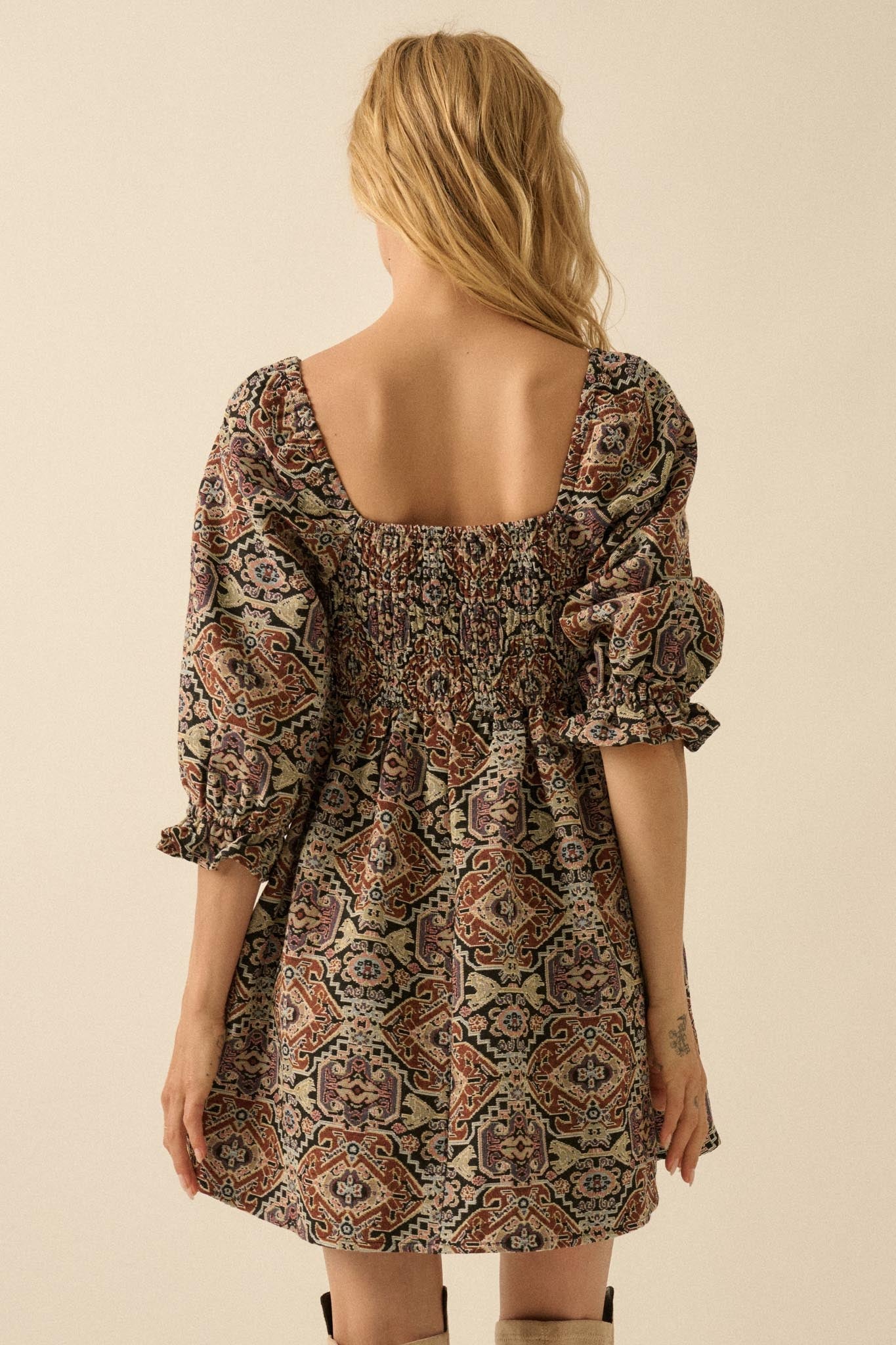 Pure Magic Tapestry Puff-Sleeve Babydoll Mini Dress - ShopPromesa