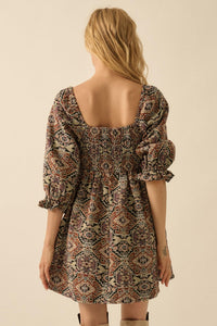 Pure Magic Tapestry Puff-Sleeve Babydoll Mini Dress - ShopPromesa