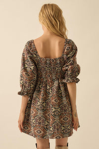 Pure Magic Tapestry Puff-Sleeve Babydoll Mini Dress - ShopPromesa