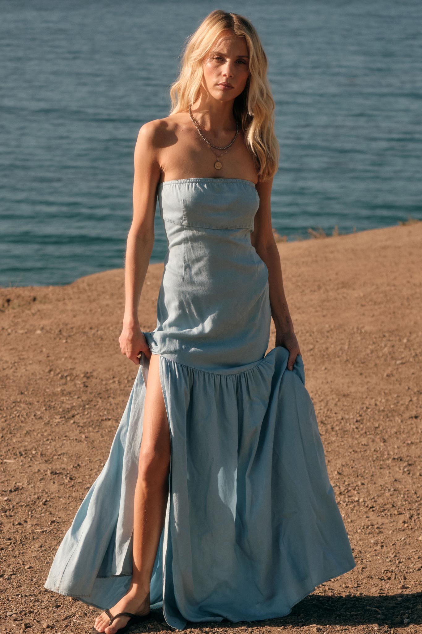 strapless denim maxi dress The Winona: S Experience the epitome of fashion with this wardrobe essential FREEMARKET Women's Strapless Denim Maxi