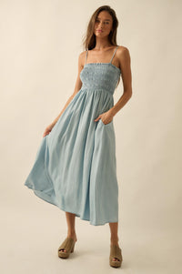 Beauty in Blue Smocked Denim Pocket Midi Dress - ShopPromesa