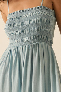 Beauty in Blue Smocked Denim Pocket Midi Dress - ShopPromesa